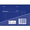 Das Bild zeigt eine blaue Rechnungsvorlage mit Abschnitten für Empfänger, Absender, Rechnungsnummer, Lieferdatum und Datum. Es enthält einen Barcode und ein FSC-Label.
