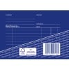 Das Bild ist eine blaue Rechnungsvorlage mit Abschnitten für 'Empfänger', 'Absender', 'Rechnung Nr.', 'Lieferdatum' und 'Datum'. Es zeigt einen Barcode und das FSC-Logo, das die Herkunft des Papiers angibt.