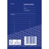 Das Bild zeigt einen Lieferschein mit Abschnitten für Absender, Empfänger, Bestellnummer, Datum und zusätzliche Details. Das Design ist hauptsächlich blau, mit einem Wasserzeichen und einem Barcode am unteren Rand.