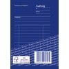 Das Bild zeigt ein blaues Dokument mit Abschnitten, die mit Absender, Empfänger, Bestellnummer und Datum beschriftet sind, sowie einem Barcode und einem Logo, das darauf hinweist, dass es aus umweltfreundlichem Papier besteht.