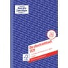Das Bild zeigt ein Notizbuch von Avery Zweckform mit einem blauen Umschlag, auf dem wiederholt die Marke zu sehen ist. Es weist darauf hin, dass das Produkt ein selbstdurchschreibendes Durchschlagbuch mit 2 Sätzen à 40 Blatt, liniert, ist.