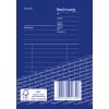 Das Bild zeigt eine blaue Rechnungsvorlage mit Abschnitten für Absender, Empfänger, Rechnungsnummer, Datum, Lieferdatum, Steuernummer und USt-IdNr. Das Design weist ein Wasserzeichenmuster auf und enthält ein FSC-Label.