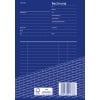 Das Bild ist eine Vorlage für eine Rechnung oder einen Beleg, mit Abschnitten für Absenderinformationen, Empfängerdetails, Daten, Bestelldetails, Zahlungsbedingungen und Bankinformationen. Es hat einen blauen Hintergrund mit einigen aufgedruckten Logos und einem Barcode.