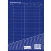 Das Bild zeigt ein leeres Kassenabrechnungsformular mit Überschriften für Datum, Belegnummer, Transaktionen, Einnahmen, Ausgaben und Kontodetails, vor einem blauen Hintergrund.