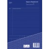 Das Bild zeigt eine blaue Berichtsvorlage mit dem Titel 'Rapport/Regiebericht', mit Abschnitten für Unternehmensdetails, Datum und Arbeitsbeschreibungen sowie Zeilen zum Eintragen von Daten.