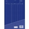 Das Bild zeigt ein blaues Arbeitsblatt mit dem Titel 'Aufmaß', das Abschnitte für Eintragungen wie 'Art der Arbeit', Maße und einen speziellen Bereich für Kommentare oder Notizen sowie einen Barcode und ein Zertifizierungszeichen enthält.