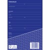 Das Bild zeigt eine Vorlage für ein Fahrtenbuch auf Deutsch. Es enthält Abschnitte für Reisedetails wie Daten, Fahrzeugkennzeichen, Fahrerinformationen und Kontaktdaten des Fahrzeughalters und Fahrers. Das Design weist einen blauen Hintergrund auf und beinhaltet ein Logo.