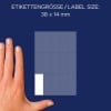 Größenvergleich mit Hand, Artikel: 3076, ein Bogen Vielzweck-Etiketten, Format: 38 x 14 mm, Farbe: Weiß