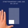 Größenvergleich mit Hand, Artikel: 3078, ein Bogen Vielzweck-Etiketten, Format: 38 x 29 mm, Farbe: Weiß