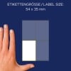 Größenvergleich mit Hand, Artikel: 3087, ein Bogen Vielzweck-Etiketten, Format: 54 x 35 mm, Farbe: Weiß