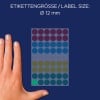 Größenvergleich mit Hand, Artikel: 3088, ein Bogen Markierungspunkte, Format: ⌀ 12 mm, Farbe: Mehrfarbig
