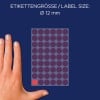 Größenvergleich mit Hand, Artikel: 3141, ein Bogen Markierungspunkte, Format: ⌀ 12 mm, Farbe: Rot