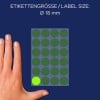 Größenvergleich mit Hand, Artikel: 3174, ein Bogen Markierungspunkte, Format: ⌀ 18 mm, Farbe: Leuchtgrün