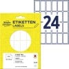Packungsabbildung mit Etikettenbogen: Avery Zweckform Vielzweck-Etiketten, Artikel:  3324, Format: 38 x 18 mm, Inhalt: 648 Etiketten / 27 Bögen, 24 Etiketten/Bogen