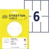 Packungsabbildung mit Etikettenbogen: Avery Zweckform Vielzweck-Etiketten, Artikel:  3329, Format: 76 x 39 mm, Inhalt: 192 Etiketten / 32 Bögen, 6 Etiketten/Bogen