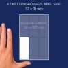 Größenvergleich mit Hand, Artikel: 3362, ein Bogen Vielzweck-Etiketten, Format: 77 x 31 mm, Farbe: Weiß
