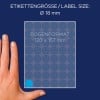 Größenvergleich mit Hand, Artikel: 3375, ein Bogen Markierungspunkte, Format: ⌀ 18 mm, Farbe: Blau