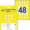 Packungsabbildung mit Etikettenbogen: Avery Zweckform Markierungspunkte, Artikel:  3377, Format: ⌀ 18 mm, Inhalt: 1.056 Markierungspunkte / 22 Bögen, 48 Markierungspunkte/Bogen
