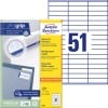 Packungsabbildung mit Etikettenbogen: Avery Zweckform Universal-Etiketten, Artikel:  3420, Format: 70 x 16,9 mm, Druckereignung: Inkjet,Laser s/w,Farblaser, Inhalt: 5.100 Etiketten / 100 Bögen, 51 Etiketten/Bogen