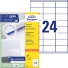 Packungsabbildung mit Etikettenbogen: Avery Zweckform Universal-Etiketten, Artikel:  3422, Format: 70 x 35 mm, Druckereignung: Inkjet,Laser s/w,Farblaser, Inhalt: 2.400 Etiketten / 100 Bögen, 24 Etiketten/Bogen