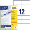Packungsabbildung mit Etikettenbogen: Avery Zweckform Universal-Etiketten, Artikel:  3424, Format: 105 x 48 mm, Druckereignung: Inkjet,Laser s/w,Farblaser, Inhalt: 1.200 Etiketten / 100 Bögen, 12 Etiketten/Bogen