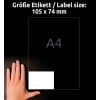 Größenvergleich mit Hand, Artikel: 3427-200, ein Bogen Universal-Etiketten, Format: 105 x 74 mm, Farbe: Weiß