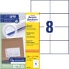 Packungsabbildung mit Etikettenbogen: Avery Zweckform Universal-Etiketten, Artikel:  3427-200, Format: 105 x 74 mm, Druckereignung: Inkjet,Laser s/w,Farblaser, Inhalt: 1.760 Etiketten / 220 Bögen, 8 Etiketten/Bogen