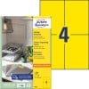 Packungsabbildung mit Etikettenbogen: Avery Zweckform Farbige Etiketten, Artikel:  3459, Format: 105 x 148 mm, Druckereignung: Inkjet,Laser s/w,Farblaser, Inhalt: 400 Etiketten / 100 Bögen, 4 Etiketten/Bogen
