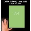 Das Bild zeigt eine Hand, die ein grünes Blatt Papier mit der Bezeichnung 'A4' und den Abmessungen von 210 x 297 mm hält, vor einem schwarzen Hintergrund.