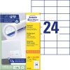 Packungsabbildung mit Etikettenbogen: Avery Zweckform Universal-Etiketten, Artikel:  3474-200, Format: 70 x 37 mm, Druckereignung: Inkjet,Laser s/w,Farblaser, Inhalt: 5.280 Etiketten / 220 Bögen, 24 Etiketten/Bogen