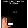 Größenvergleich mit Hand, Artikel: 3479, ein Bogen Universal-Etiketten, Format: 70 x 32 mm, Farbe: Weiß