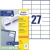 Packungsabbildung mit Etikettenbogen: Avery Zweckform Universal-Etiketten, Artikel:  3479, Format: 70 x 32 mm, Druckereignung: Inkjet,Laser s/w,Farblaser, Inhalt: 2.700 Etiketten / 100 Bögen, 27 Etiketten/Bogen