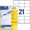 Packungsabbildung mit Etikettenbogen: Avery Zweckform Universal-Etiketten, Artikel:  3481, Format: 70 x 41 mm, Druckereignung: Inkjet,Laser s/w,Farblaser, Inhalt: 2.100 Etiketten / 100 Bögen, 21 Etiketten/Bogen