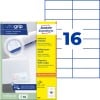 Packungsabbildung mit Etikettenbogen: Avery Zweckform Universal-Etiketten, Artikel:  3484, Format: 105 x 37 mm, Druckereignung: Inkjet,Laser s/w,Farblaser, Inhalt: 1.600 Etiketten / 100 Bögen, 16 Etiketten/Bogen