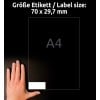 Größenvergleich mit Hand, Artikel: 3489, ein Bogen Universal-Etiketten, Format: 70 x 29,7 mm, Farbe: Weiß