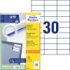 Packungsabbildung mit Etikettenbogen: Avery Zweckform Universal-Etiketten, Artikel:  3489, Format: 70 x 29,7 mm, Druckereignung: Inkjet,Laser s/w,Farblaser, Inhalt: 3.000 Etiketten / 100 Bögen, 30 Etiketten/Bogen
