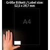 Größenvergleich mit Hand, Artikel: 3651, ein Bogen Universal-Etiketten, Format: 52,5 x 29,7 mm, Farbe: Weiß