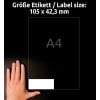 Größenvergleich mit Hand, Artikel: 3653, ein Bogen Universal-Etiketten, Format: 105 x 42,3 mm, Farbe: Weiß