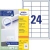 Packungsabbildung mit Etikettenbogen: Avery Zweckform Universal-Etiketten, Artikel:  3658-200, Format: 64,6 x 33,8 mm, Druckereignung: Inkjet,Laser s/w,Farblaser, Inhalt: 5.280 Etiketten / 220 Bögen, 24 Etiketten/Bogen