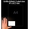 Größenvergleich mit Hand, Artikel: 3660-200, ein Bogen Universal-Etiketten, Format: 97 x 67,7 mm, Farbe: Weiß