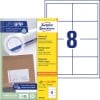 Packungsabbildung mit Etikettenbogen: Avery Zweckform Universal-Etiketten, Artikel:  3660-200, Format: 97 x 67,7 mm, Druckereignung: Inkjet,Laser s/w,Farblaser, Inhalt: 1.760 Etiketten / 220 Bögen, 8 Etiketten/Bogen