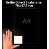 Größenvergleich mit Hand, Artikel: 3661, ein Bogen Universal-Etiketten, Format: 70 x 67,7 mm, Farbe: Weiß