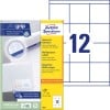 Packungsabbildung mit Etikettenbogen: Avery Zweckform Universal-Etiketten, Artikel:  3661, Format: 70 x 67,7 mm, Druckereignung: Inkjet,Laser s/w,Farblaser, Inhalt: 1.200 Etiketten / 100 Bögen, 12 Etiketten/Bogen