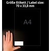 Größenvergleich mit Hand, Artikel: 3664, ein Bogen Universal-Etiketten, Format: 70 x 33,8 mm, Farbe: Weiß