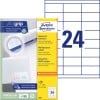 Packungsabbildung mit Etikettenbogen: Avery Zweckform Universal-Etiketten, Artikel:  3664, Format: 70 x 33,8 mm, Druckereignung: Inkjet,Laser s/w,Farblaser, Inhalt: 2.400 Etiketten / 100 Bögen, 24 Etiketten/Bogen