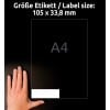Größenvergleich mit Hand, Artikel: 3665, ein Bogen Universal-Etiketten, Format: 105 x 33,8 mm, Farbe: Weiß