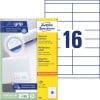 Packungsabbildung mit Etikettenbogen: Avery Zweckform Universal-Etiketten, Artikel:  3665, Format: 105 x 33,8 mm, Druckereignung: Inkjet,Laser s/w,Farblaser, Inhalt: 1.600 Etiketten / 100 Bögen, 16 Etiketten/Bogen