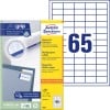 Packungsabbildung mit Etikettenbogen: Avery Zweckform Universal-Etiketten, Artikel:  3666, Format: 38 x 21,2 mm, Druckereignung: Inkjet,Laser s/w,Farblaser, Inhalt: 6.500 Etiketten / 100 Bögen, 65 Etiketten/Bogen