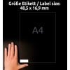 Größenvergleich mit Hand, Artikel: 3667-200, ein Bogen Universal-Etiketten, Format: 48,5 x 16,9 mm, Farbe: Weiß
