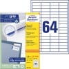 Packungsabbildung mit Etikettenbogen: Avery Zweckform Universal-Etiketten, Artikel:  3667-200, Format: 48,5 x 16,9 mm, Druckereignung: Inkjet,Laser s/w,Farblaser, Inhalt: 14.080 Etiketten / 220 Bögen, 64 Etiketten/Bogen